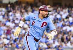 The Philadelphia Phillies’ Nick Castellanos runs after hitting an RBI double during the seventh inning of Game 4 of the National League Division Series against the Dodgers on Oct. 9, 2025. (Photo by Keith Birmingham, Pasadena Star-News/SCNG)