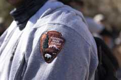 The National Park Service Insignia—a pine tree, snow-capped mountain, and buffalo within a brown arrowhead shape—adorns the shoulder of a gray sweatshirt.