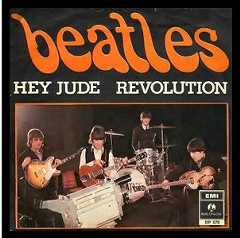 The cover of the Beatles' single "Hey Jude", depicting the band's members with their instruments