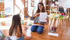 Teacher working with a student in a classroom holding papers with a happy face and a sad face on them. 