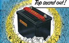 Color illustration of an oversized car battery surrounded by a crowd of people. The outer ring of the crowd is shaded in blue, while the inner ring is shaded in yellow. The title of the advertisement reads: “Lucas Batteries: Top secret out!”