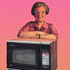 Photo of an older woman, posed on a microwave oven