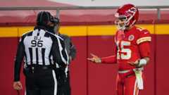 Patrick Mahomes talks to officials during Super Bowl LV.