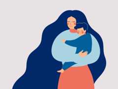 Young mother holds her son with care and love. Happy Mothers Day concept with mom and small boy.