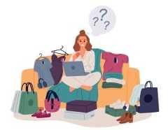 Illustration of a woman surrounded by shopping bags and purchases, holding a credit car with a laptop in her lap.