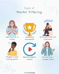 An image titled "signs of mental filtering" with 6 signs alongside associated images. Signs include ignoring praise or success, downplaying achievements, and believing criticism over compliments.