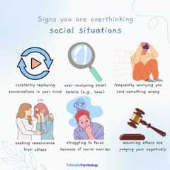 An infographic titled "signs you are overthinking social situations" with 6 signs alongside associated images such as constantly replaying conversations in your mind, over-analyzing small details, and seeking reassurance from others.