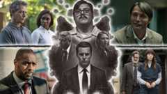 Shots from The Outsider, Hannibal, Luther, and The Sinner around artwork from Mindhunter