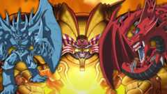 Obelisk the Tormentor, Exodia the Forbidden One, and Slifer the Sky Dragon next to one another
