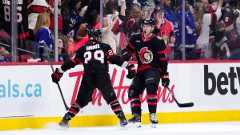 Ottawa Senators' Shane Pinto (12) celebrates his goal against the Toronto Maple Leafs with Claude Giroux (28) during first period NHL playoff action in Ottawa, on Saturday, April 26, 2025. (Justin Tang/CP)