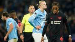 Manchester City's Erling Haaland reacts after he missed a chance to score during the Champions League opening phase soccer match between Manchester City and Bayer Leverkusen in Manchester, England, Tuesday, Nov. 25, 2025. (Dave Thompson/AP)
