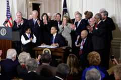 unnamed-file-1868 President Barack Obama waves to the audience after signing into law the Affordable Care Act, at the White House in Washington, March 23, 2010. President Donald Trump, who has repeatedly denounced the Affordable Care Act as a “disaster,” is considering backing an extension of insurance subsidies tied to the health law that are set to expire at the end of the year, according to a senior White House official. (Doug Mills/The New York Times)
