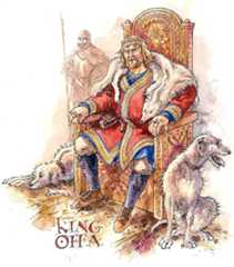 artist illustration of King Offa sitting on a throne