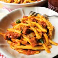 Spicy sausage pasta in a bowl.