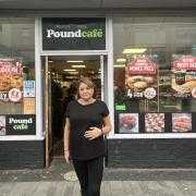Patricia Matthews outside Pound Bakery, Bolton