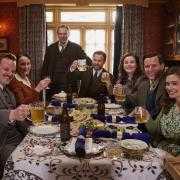 Undated Handout Photo from All Creatures Great and Small Christmas Special. Pictured: Cast left to right - Callum Woodhouse as Tristan Farnon, Anna Madeley as Mrs Hall, Tony Pitts as Richard Alderson, Samuel West as Siegfried Farnon, Imogen Clawson as