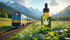 VIA Rail train traveling through a scenic Canadian landscape with an overlay of a labeled CBD oil bottle, highlighting travel regulations and wellness.
