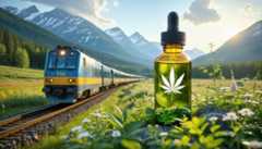VIA Rail train traveling through a scenic Canadian landscape with an overlay of a labeled CBD oil bottle, highlighting travel regulations and wellness.