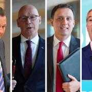 From left: Scottish Tory leader Russell Findlay, SNP First Minister John Swinney, Scottish Labour leader Anas Sarwar, and Reform UK leader Nigel Farage