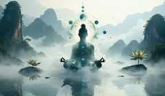 A tranquil illustration of a person meditating, body blending into vapor clouds, interwoven with spiritual symbols, signifying the intersection of vaping with spiritual exploration.