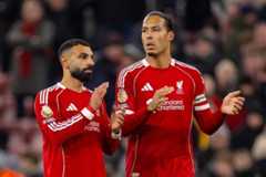 LIVERPOOL, ENGLAND - Wednesday, December 3, 2025: Liverpool's captain Virgil van Dijk and Mohamed Salah (R) applauding the supporters after the FA Premier League match between Liverpool FC and Sunderland AFC at Anfield. (Photo by David Rawcliffe/Propaganda)