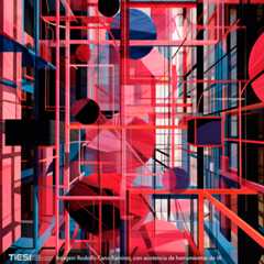 Composición abstracta de líneas geométricas, cuadros y esferas en tonos rojos, negros y azules, creando una estructura tridimensional dinámica y vibrante.