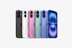 iPhone 16 models in various colours lined up side by side.