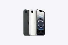 Two white iPhone 16e models, one showing the back and the other displaying the screen.