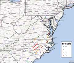 Track map showing all confirmed tornado tracks from the event. Map by Kathryn Prociv