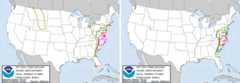 Storm Prediction Graphics from April 16th, 2011. Left: 4pm convective outlook, Right: 4pm tornado probability forecast.