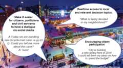 Night time view of snow Helsinki with speech bubbles saying thing likeMake it easier for citizens, politicians and civil servants to have a dialogue via social media