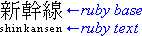 At the top left, three Japanese ideographs from left to right. Below them, the text 'shinkansen'. To the right, arrows and text saying 'ruby base' (top) and 'ruby text' (bottom).