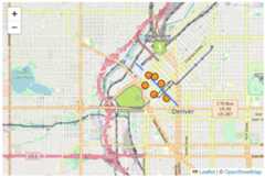 A Leaflet.js Web map of Denver, showing a few point, line and polygon features in the map region