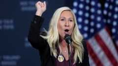 Rep. Marjorie Taylor Greene, R-Ga., speaks before Republican presidential nominee former President Donald Trump at a campaign event at the Cobb Energy Performing Arts Centre, Oct. 15, 2024, in Atlanta