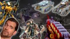 The year in Warhammer 2023 - Wargamer's retrospective Warhammer 2023 retrospective - compound image including screenshot elements from Age of Sigmar Realms of Ruin and Warhammer 40k Boltgun, with overlaid images including Wargamer's own painted Legions Imperialis minis, a Games workshop photo of a painted Aeldari Wraithknight, a sales photo of the new Lion El Jonson model, and the face of Henry Cavill from a Sherlock Holmes movie trailer screenshot.