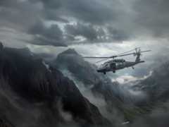 Military helicopter flying among dark clouds