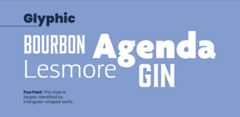 Graphic showcasing Glyphic font styles with examples including the words 'BOURBON,' 'Agenda,' 'GIN,' and 'Lesmore.' A fun fact states that Glyphic style is identified by triangular-shaped serifs.