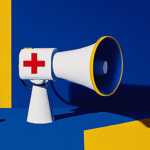 A white megaphone with a red medical cross sits on a blue and yellow background with yellow balls nearby.