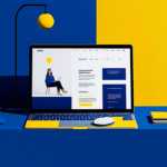 Laptop on a blue and yellow desk with geometric decor.