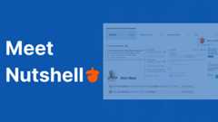 Promotional graphic for Nutshell CRM featuring a blue background with the text 'Meet Nutshell' and a screenshot of the CRM dashboard showing a sales pipeline, automated emails, and user notifications.