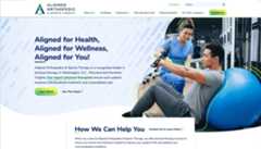 A physical therapist assisting a man exercising with resistance bands on a blue exercise ball in a gym, with text promoting Aligned Orthopedic & Sports Therapy services.