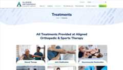 Webpage of Aligned Orthopedic & Sports Therapy showing navigation menu, treatments page title, and images of three types of therapy sessions: Manual Therapy, Joint Mobilization, and Neuromuscular Reeducation.