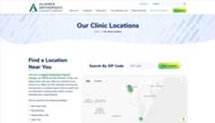 Screenshot of the Aligned Orthopedic & Sports Therapy website's 'Our Clinic Locations' page, featuring a navigation bar, a 'Find a Location Near You' section with office hours and holiday closures, a ZIP code search tool, and a map with clinic locations marked.