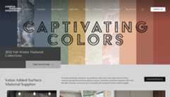 Webpage layout for Creative Materials Corporation with a banner showcasing 'CAPTIVATING COLORS' over a collage of textured materials, accompanied by sections for featured collections and product discovery, and a navigation menu.