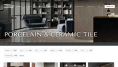 Webpage banner for Creative Materials Corporation featuring modern interior design and showcasing porcelain and ceramic tile products, with navigation and product filter options.