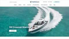 A white Formula 350 Crossover Bowrider powerboat with passengers cruising on clear blue water, creating a large wake, with a promotional text overlay and clickable button.