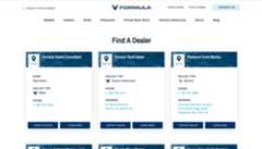 Screenshot of the 'Find A Dealer' page on the Formula Boats website, showing listings for boat dealers including 'Formula Sales Consultant,' 'Encore Yacht Sales,' and 'Pleasure Cove Marina' with details such as dealer type, phone number, and address.
