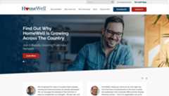Screenshot of HomeWell Care Services website featuring a navigation bar, a banner with a smiling man looking at a laptop, and testimonials about the franchise.