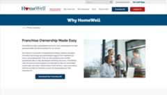 Screenshot of HomeWell Care Services webpage discussing franchise ownership with a photo of a business meeting on the side and a download button for a franchise kit.
