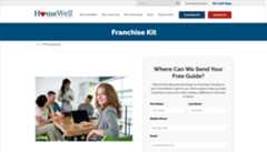 Screenshot of HomeWell Care Services 'Franchise Kit' webpage with a form for a free guide and a photo of a business meeting.